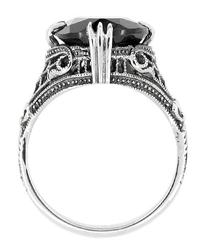 Gothic Filigree Black Onyx Claw Ring in Sterling Silver - Art Deco Engraved - Item: R302 - Image: 2