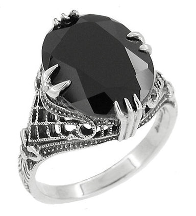 Gothic Filigree Black Onyx Claw Ring in Sterling Silver - Art Deco Engraved