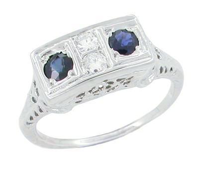 Art Deco Sapphire and Diamond Filigree 4 Stone Ring in 14 Karat White Gold