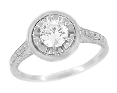1/2 Carat Diamond Art Deco Solitaire Halo Engagement Ring in 18K White Gold | Vintage 1930's Design