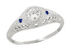 Platinum Art Deco Vintage Engraved Filigree Diamond Engagement Ring with Side Blue Sapphires