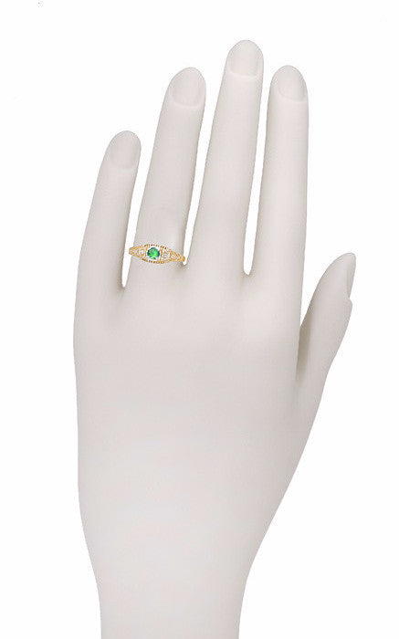 Art Deco Filigree Emerald and Diamonds Engagement Ring in 14 Karat Yellow Gold - Item: R312Y - Image: 3