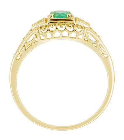 Art Deco Filigree Emerald and Diamonds Engagement Ring in 14 Karat Yellow Gold - Item: R312Y - Image: 2