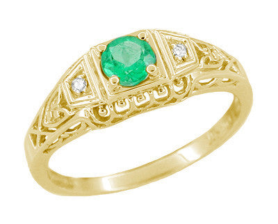 Art Deco Yellow Gold Filigree Antique Emerald Engagement Ring With Side  Diamonds - Low Profile — Antique Jewelry Mall