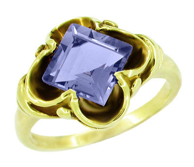 Victorian Step Cut Square Iolite Ring in 14 Karat Yellow Gold