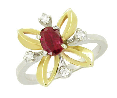 Retro Moderne Ruby and Diamond Galaxy "Right Hand" Vintage Ring in 14 Karat Yellow and White Gold