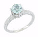 Art Deco Filigree Aquamarine Solitaire Ring with Carved Side Design in 14 Karat White Gold - R331