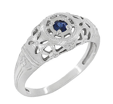 Art Deco Filigree Sapphire Ring in Platinum - Low Dome 1920's Antique Design