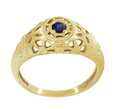 Yellow Gold Low Dome Floral Filigree Art Deco Blue Sapphire Ring - Item: R335Y - Image: 3