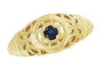 Yellow Gold Low Dome Floral Filigree Art Deco Blue Sapphire Ring