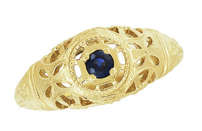 Yellow Gold Low Dome Floral Filigree Art Deco Blue Sapphire Ring - Item: R335Y - Image: 4