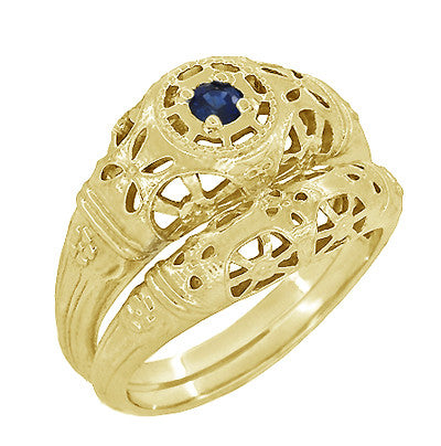 Yellow Gold Low Dome Floral Filigree Art Deco Blue Sapphire Ring - Item: R335Y - Image: 5