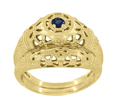 Yellow Gold Low Dome Floral Filigree Art Deco Blue Sapphire Ring - Item: R335Y - Image: 6