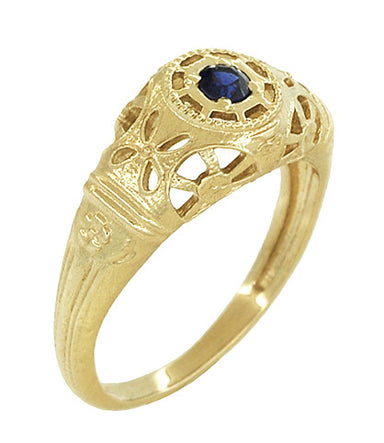 Yellow Gold Low Dome Floral Filigree Art Deco Blue Sapphire Ring - alternate view