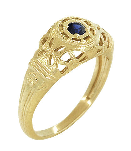 Yellow Gold Low Dome Floral Filigree Art Deco Blue Sapphire Ring - Item: R335Y - Image: 2