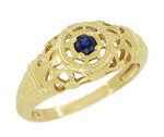Yellow Gold Low Dome Floral Filigree Art Deco Blue Sapphire Ring