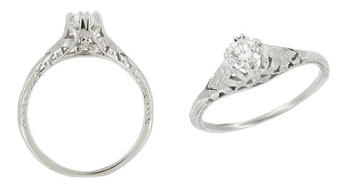 Art Deco Filigree Flowers and Wheat 1/4 Carat Diamond Engraved Engagement Ring in 18K White Gold - alternate view