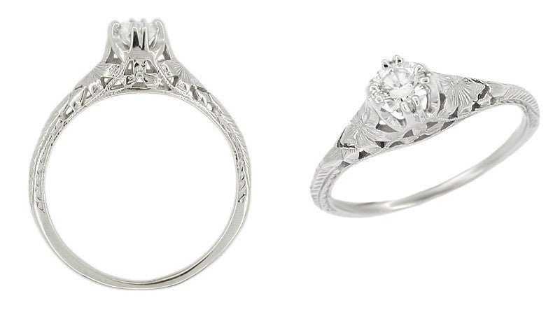 Art Deco Filigree Flowers and Wheat 1/4 Carat Diamond Engraved Engagement Ring in 18K White Gold - Item: R356 - Image: 2