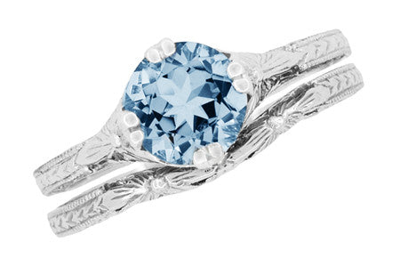Art Deco Filigree Flowers and Wheat Vintage Engraved Aquamarine Engagement Ring in Platinum - Item: R356P75A - Image: 7
