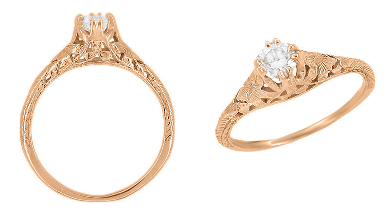 Art Deco Filigree Flowers and Wheat 1/3 Carat Engraved Engagement Ring Setting in 14 Karat Rose Gold - Item: R356R33 - Image: 2