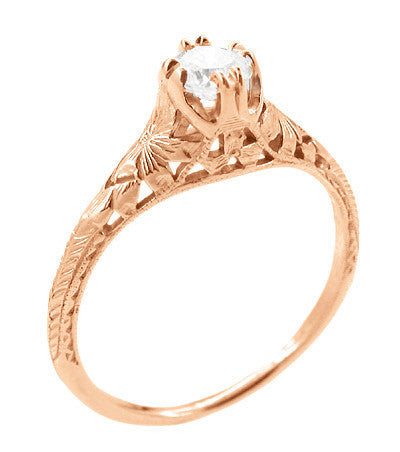 Art Deco Filigree Flowers and Wheat White Sapphire Engraved Engagement Ring in 14 Karat Rose Gold - Item: R356R33WS - Image: 2