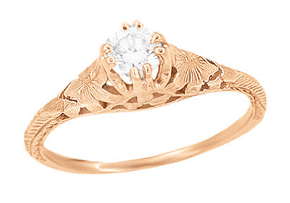 Art Deco Filigree Flowers and Wheat White Sapphire Engraved Engagement Ring in 14 Karat Rose Gold