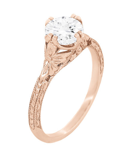 Art Deco 3/4 Carat Vintage Engraved Engagement Ring Mounting with Filigree Flowers for a 6mm Round Stone in 14 Karat Rose Gold