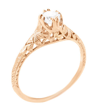 Rose Gold Art Deco Engraved Filigree Flowers and Wheat 0.43 Carat Old Diamond Engagement Ring