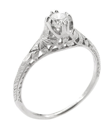 4.5mm Art Deco Filigree Flowers and Wheat 1/3 Carat Vintage Engraved Engagement Ring Setting in 18 or 14 Karat White Gold