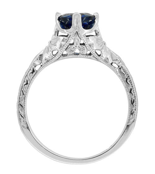 Art Deco Filigree Flowers and Wheat Engraved Sapphire Engagement Ring in 18 Karat White Gold - Item: R356W50S - Image: 3