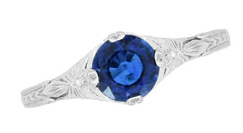 Art Deco Filigree Flowers and Wheat Engraved Sapphire Engagement Ring in 18 Karat White Gold - Item: R356W50S - Image: 4