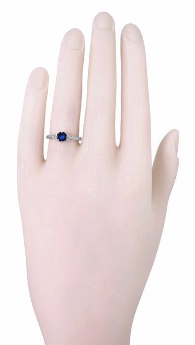 Art Deco Filigree Flowers and Wheat Engraved Sapphire Engagement Ring in 18 Karat White Gold - Item: R356W50S - Image: 5