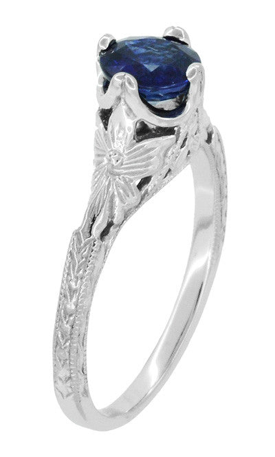 Art Deco Filigree Flowers and Wheat Engraved Sapphire Engagement Ring in 18 Karat White Gold - Item: R356W50S - Image: 2