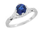 Art Deco Filigree Flowers and Wheat Engraved Sapphire Engagement Ring in 18 Karat White Gold