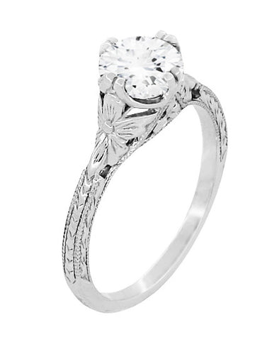 Art Deco Floral Hand Engraved Filigree Vintage Solitaire Engagement Ring Setting for a 6mm 3/4 Carat Round Stone in White Gold - R356W75