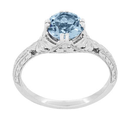 Art Deco Filigree Flowers and Wheat Engraved Aquamarine Engagement Ring in White Gold - 18K or 14K - Item: R356W75A14 - Image: 4