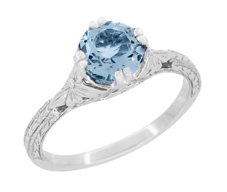 Art Deco Filigree Flowers and Wheat Engraved Aquamarine Engagement Ring in White Gold - 18K or 14K - Item: R356W75A14 - Image: 2