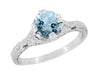 Art Deco Filigree Flowers and Wheat Engraved Aquamarine Engagement Ring in White Gold - 18K or 14K