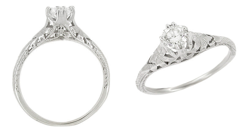 Art Deco Filigree Flowers and Wheat Engraved 1/2 Carat Diamond Engagement Ring in 18 Karat White Gold - Item: R356WD50 - Image: 2