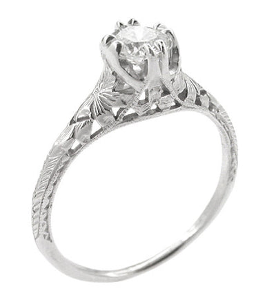 Art Deco Filigree Flowers and Wheat Engraved 1/2 Carat Diamond Engagement Ring in 18 Karat White Gold