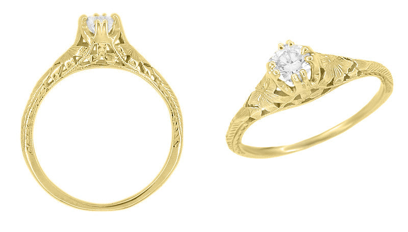 Art Deco Filigree Flowers and Wheat 1/3 Carat Engraved Engagement Ring Setting in 14 or 18 Karat Yellow Gold - Item: R356Y14K33 - Image: 2