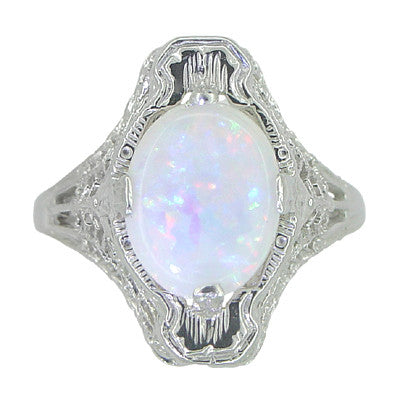 White Opal Filigree Ring in 14 Karat White Gold - Art Deco - Item: R360 - Image: 4