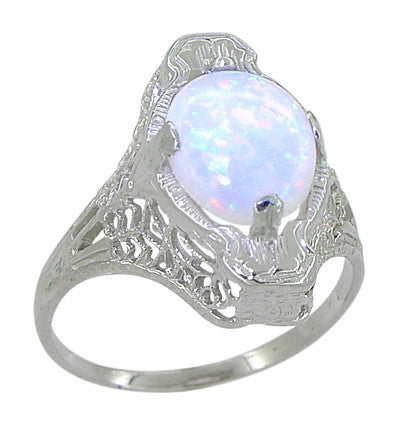 White Opal Filigree Ring in 14 Karat White Gold - Art Deco - Item: R360 - Image: 2
