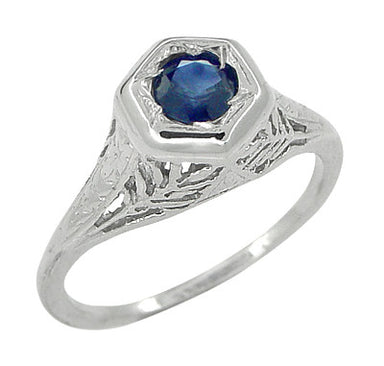 Art Deco Blue Sapphire Filigree Ring in 14 Karat White Gold - alternate view