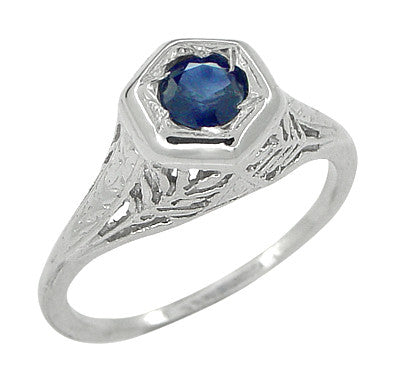 Art Deco Blue Sapphire Filigree Ring in 14 Karat White Gold - Item: R365 - Image: 2