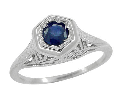 Art Deco Blue Sapphire Filigree Ring in 14 Karat White Gold