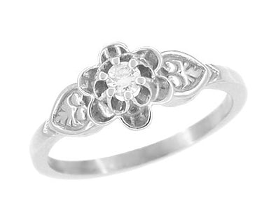 Antique Carved Floral Victorian Diamond Promise Ring in 14 Karat White Gold