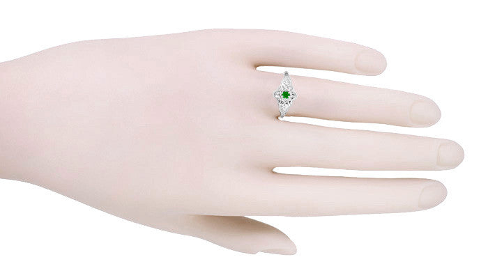 Victorian Flowers & Leaves Emerald Promise Ring in 14 Karat White Gold - Item: R373E - Image: 3