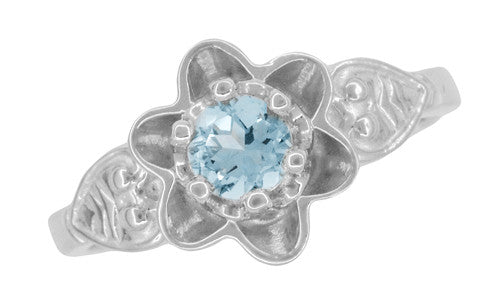 Flowers and Leaves Aquamarine Engagement Ring in 14 Karat White Gold - Item: R373WA - Image: 6