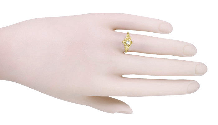 Carved Leaves & Flowers Yellow Gold Victorian Diamond Promise Ring - Item: R373Y-LC - Image: 3